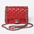 Chanel Mini Quilted 16 Chain Shoulder Bag Caviar Leather Red Silver