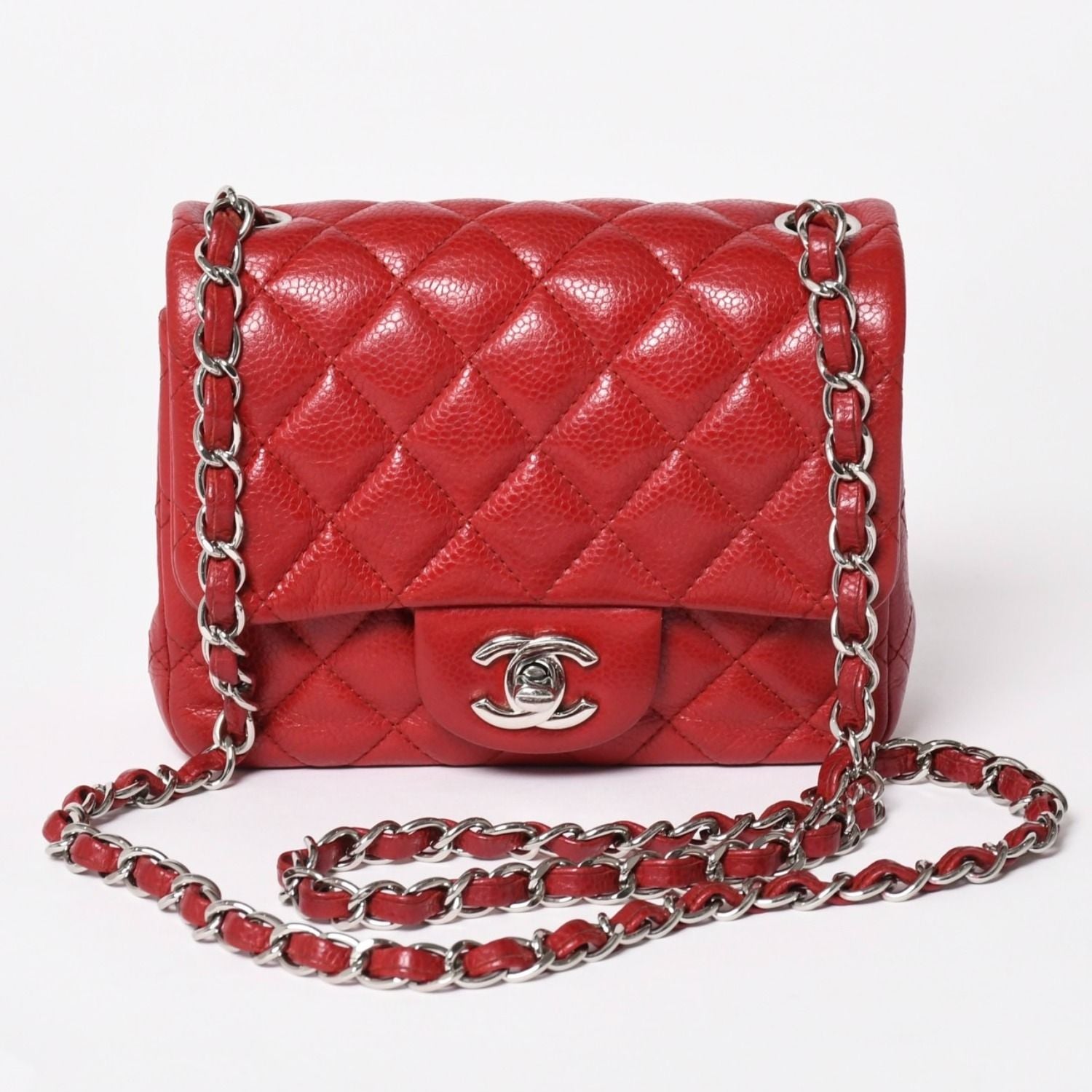 Chanel Mini Quilted 16 Chain Shoulder Bag Caviar Leather Red Silver
