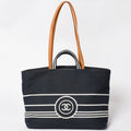 Chanel 2-Way Tote Bag CC Logo Denim Leather Navy Brown Silver