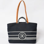 Chanel 2-Way Tote Bag CC Logo Denim Leather Navy Brown Silver