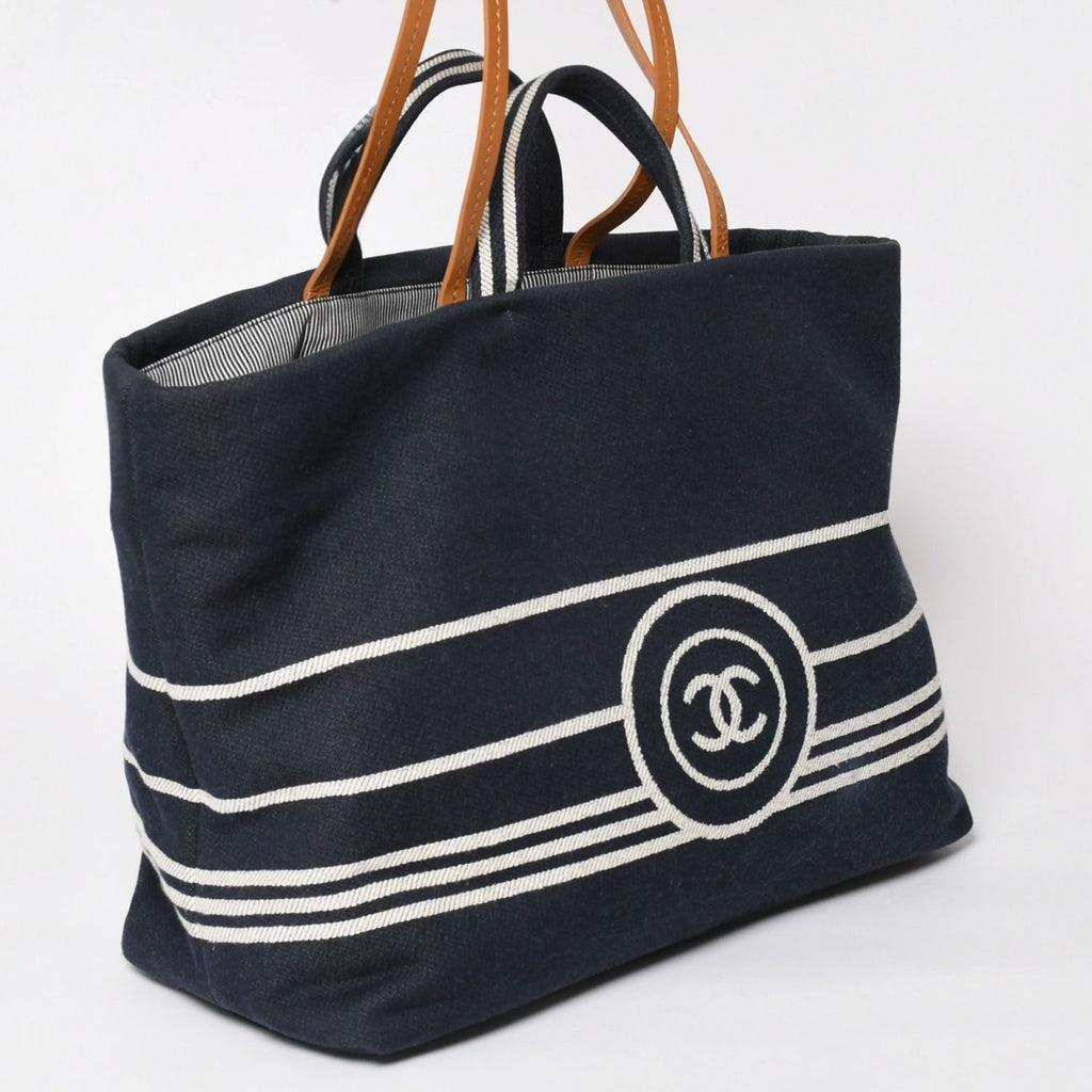 Chanel 2-Way Tote Bag CC Logo Denim Leather Navy Brown Silver — view 3