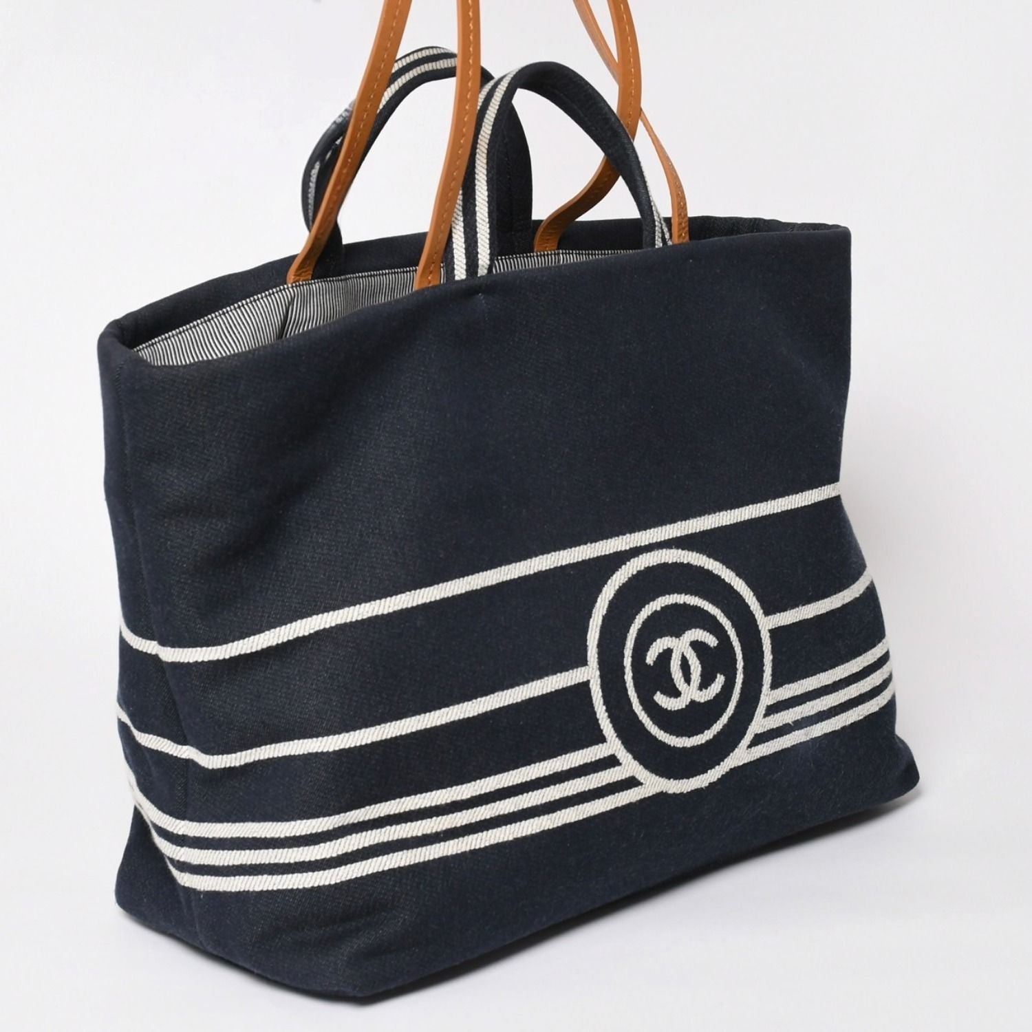Chanel 2-Way Tote Bag CC Logo Denim Leather Navy Brown Silver — view 3