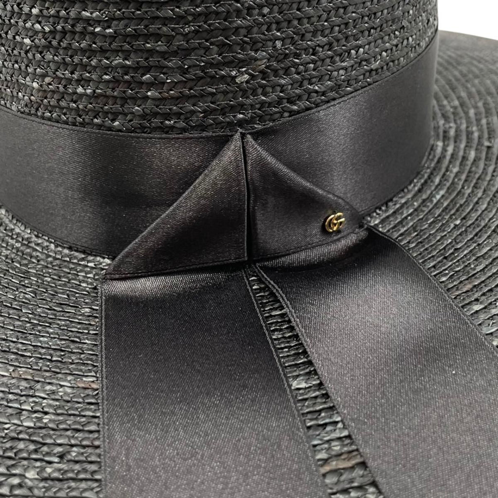 Gucci Straw Hat Ribbon Hat M Double Logo Black — view 6