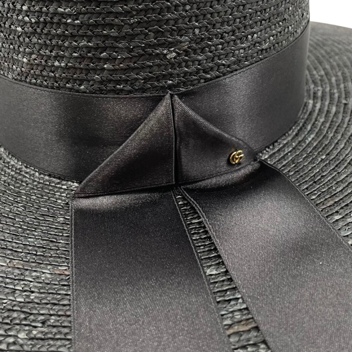 Gucci Straw Hat Ribbon Hat M Double Logo Black — view 6