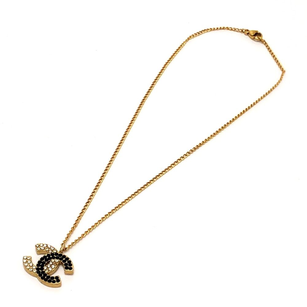 Chanel Necklace CC Logo Rhinestone Metal Gold
