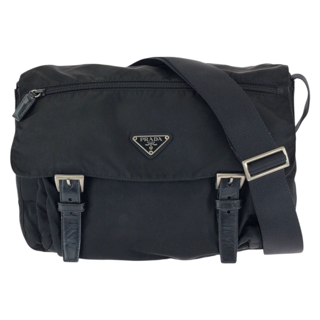 Prada Tessuto Black Silver Nylon Leather Shoulder