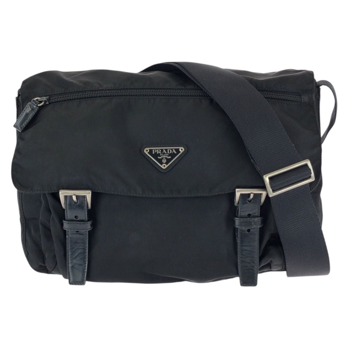 Prada Tessuto Black Silver Nylon Leather Shoulder