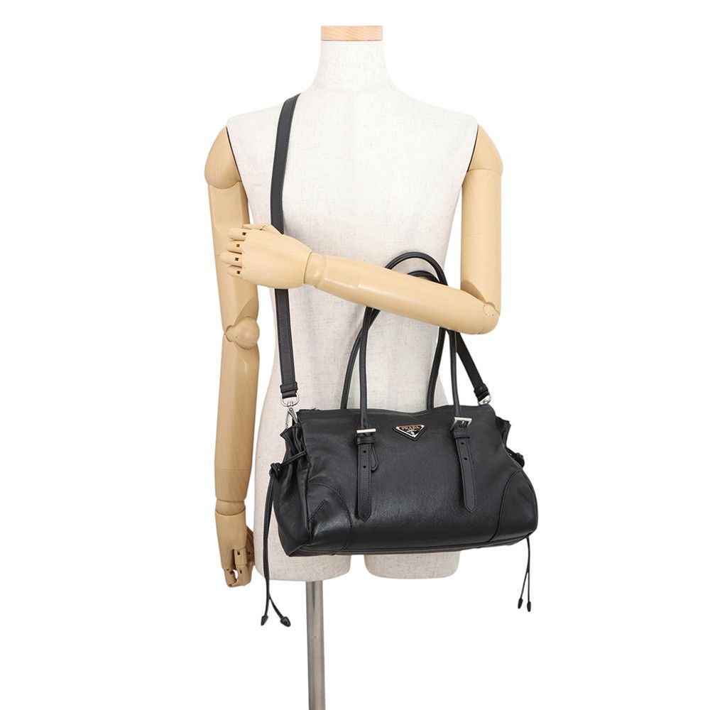 Prada Tote Boni Triangle Logo Leather 2-Way Shoulder Black — view 4