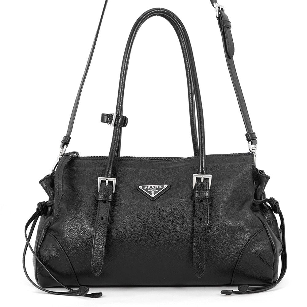 Prada Tote Boni Triangle Logo Leather 2-Way Shoulder Black