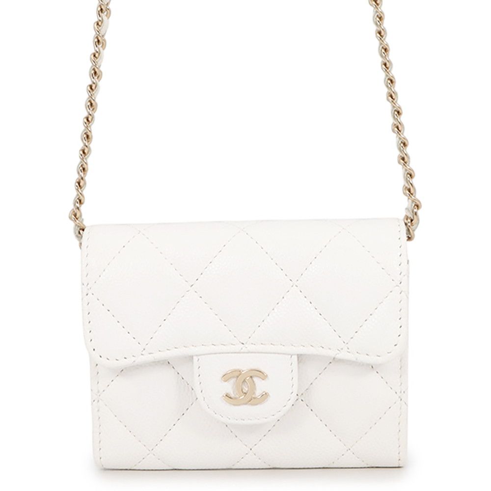 Chanel Chain Wallet Quilted CC Logo Mini Caviar Leather White Shoulder