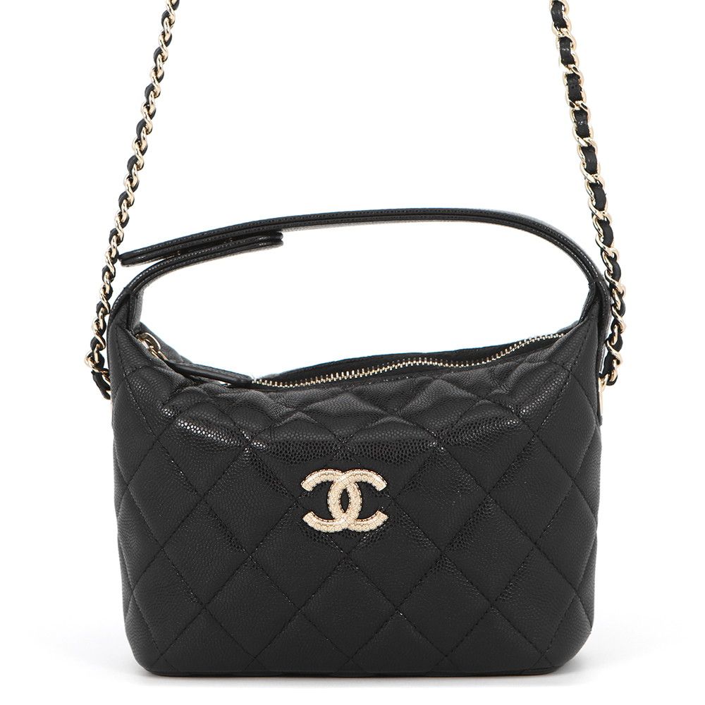 Chanel CC Logo Quilted Caviar Leather 2-Way Chain Shoulder Bag Black