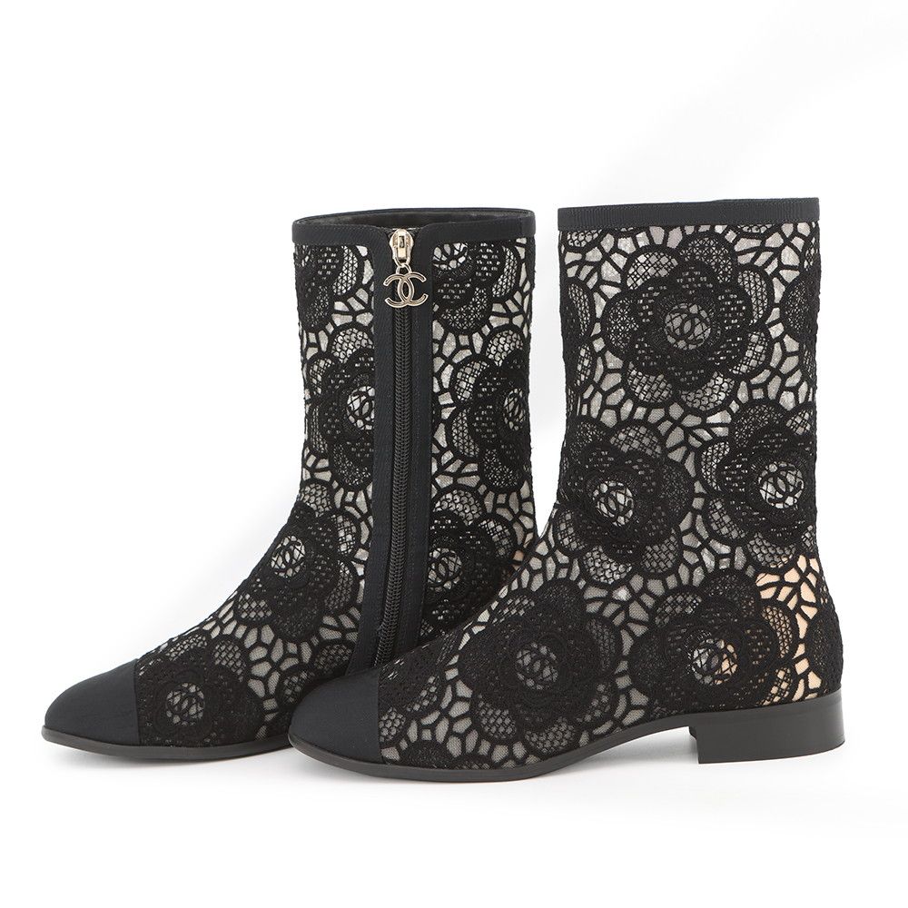 Chanel Short Boots CC Logo Embroidery Grosgrain 37 1 2C Shoes Black — view 2