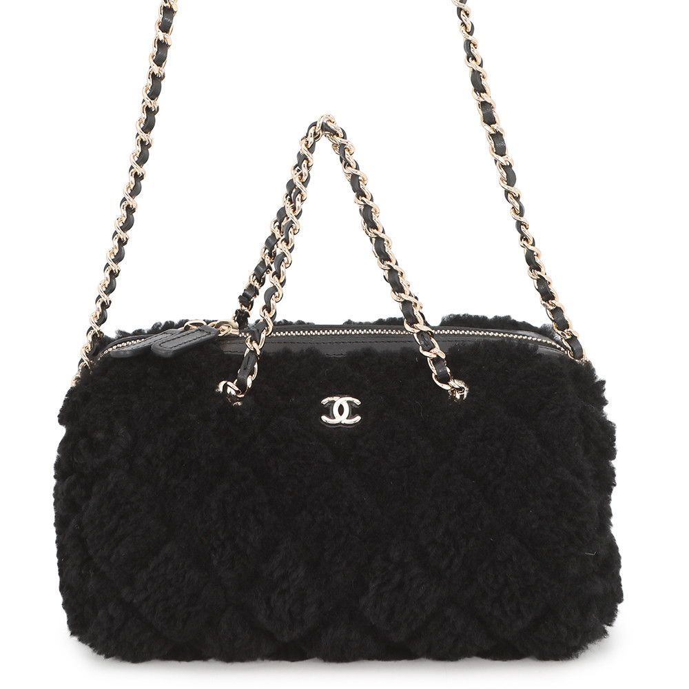 Chanel Handbag Quilted CC Logo Mini Boston Shearling 2-Way Black