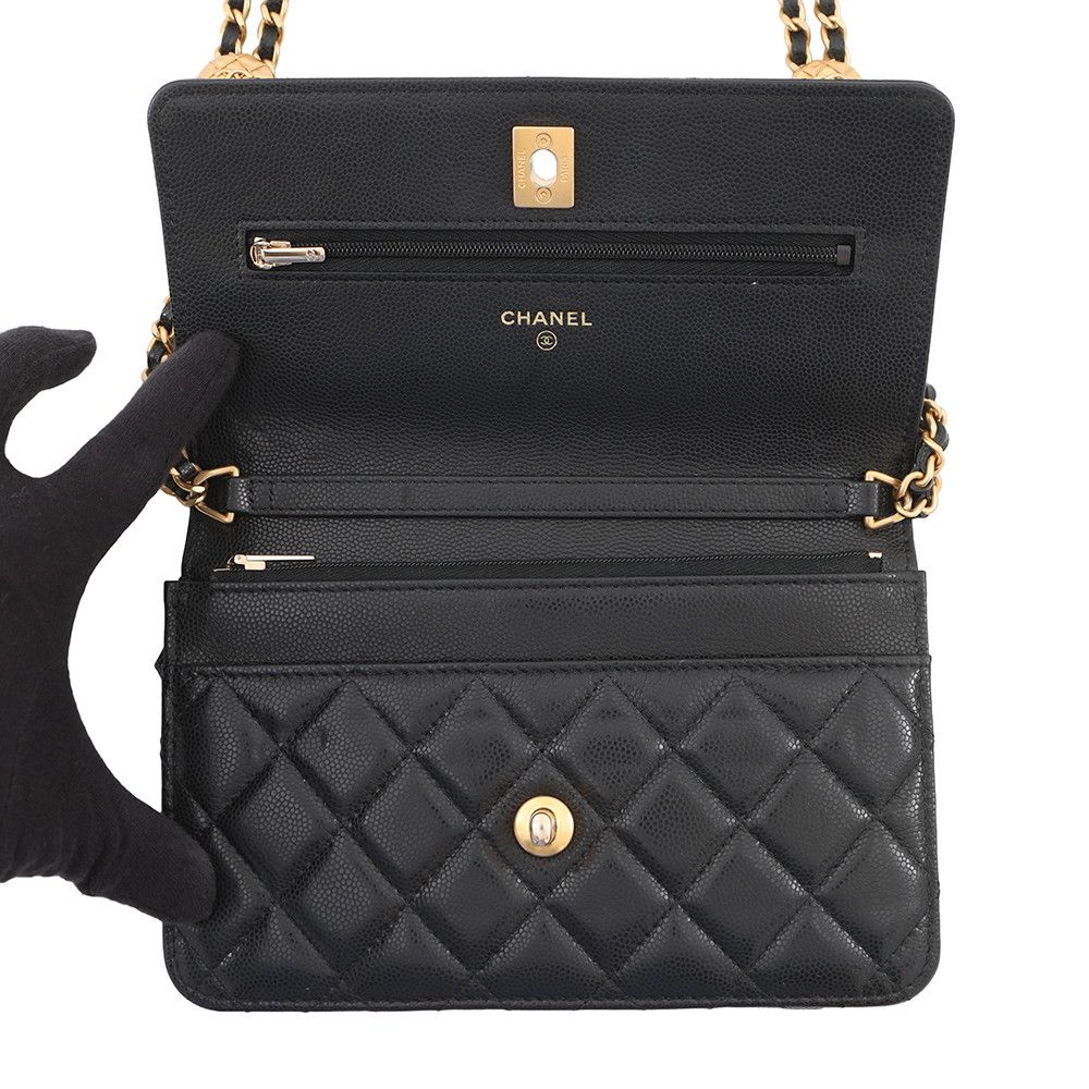 Chanel Chain Wallet Quilted CC Logo Coin Motif Caviar Leather Black Shoulder — view 5