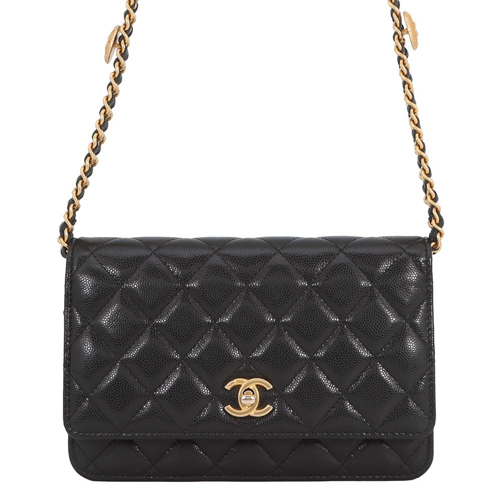 Chanel Chain Wallet Quilted CC Logo Coin Motif Caviar Leather Black Shoulder