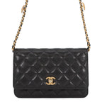 Chanel Chain Wallet Quilted CC Logo Coin Motif Caviar Leather Black Shoulder
