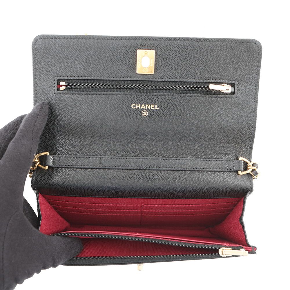 Chanel Chain Wallet Quilted CC Logo Coin Motif Caviar Leather Black Shoulder — view 6