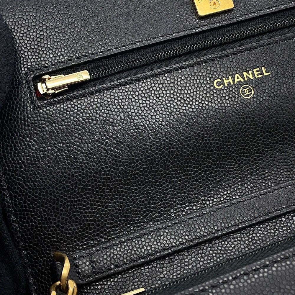 Chanel Chain Wallet Quilted CC Logo Coin Motif Caviar Leather Black Shoulder — view 9
