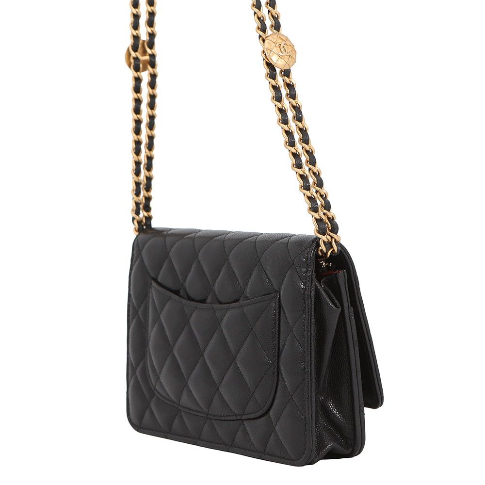 Chanel Chain Wallet Quilted CC Logo Coin Motif Caviar Leather Black Shoulder — view 2