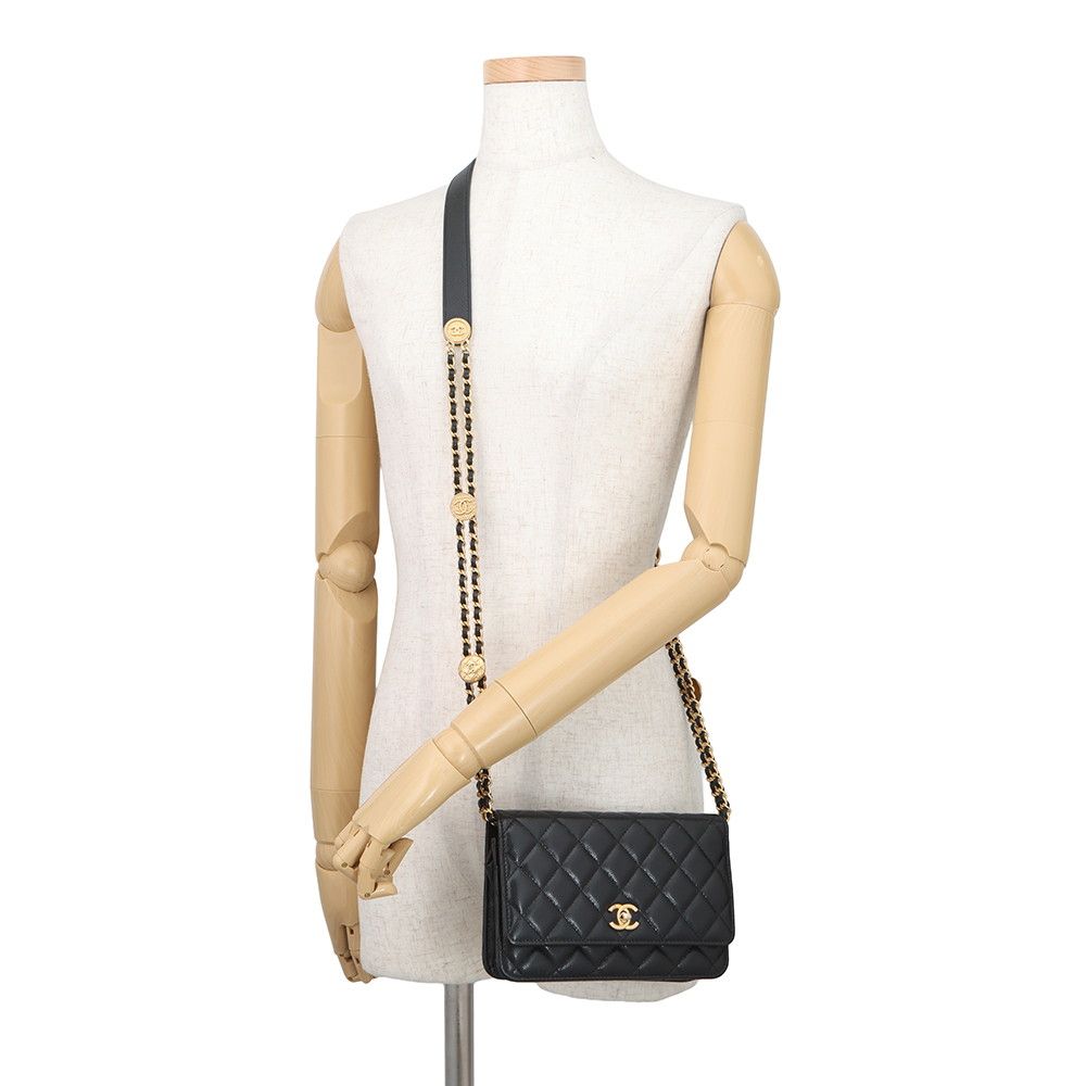Chanel Chain Wallet Quilted CC Logo Coin Motif Caviar Leather Black Shoulder — view 4