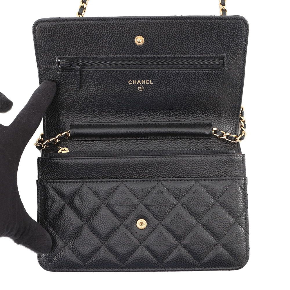 Chanel Chain Wallet Classic Quilted CC Logo Caviar Leather Black Shoulder — view 5