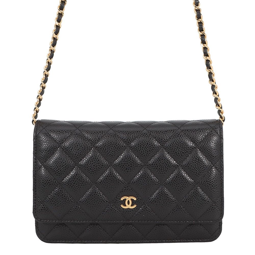 Chanel Chain Wallet Classic Quilted CC Logo Caviar Leather Black Shoulder