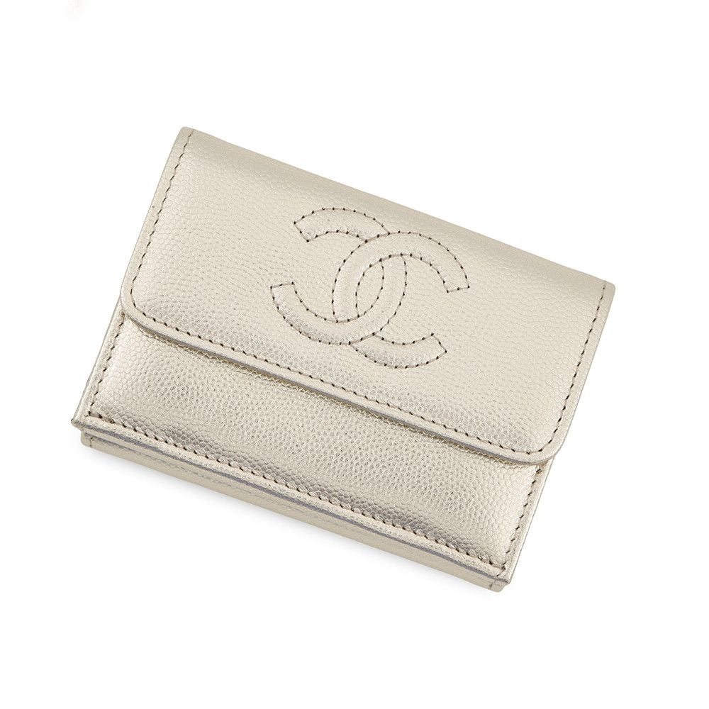 Chanel Trifold Wallet Quilted CC Logo Small Flap Metallic Caviar Leather