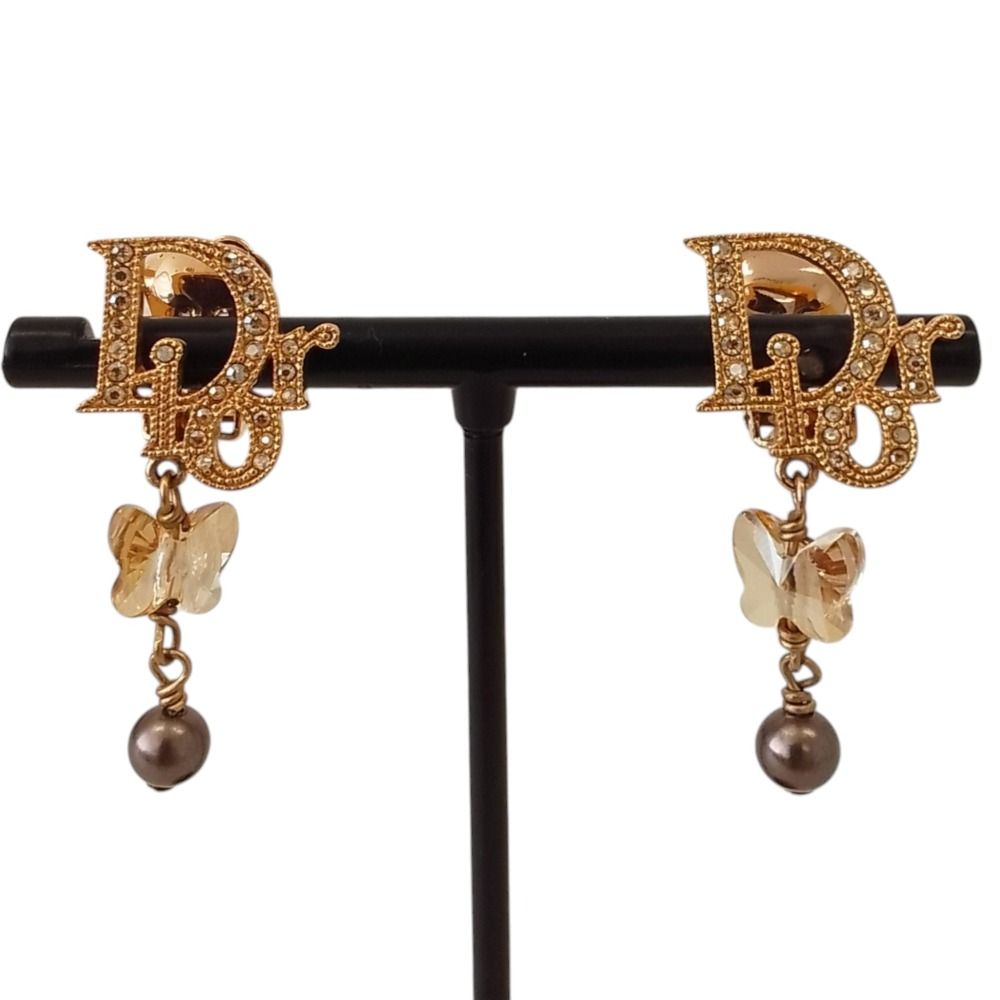 Dior Rhinestone Logo Butterfly Pearl Swing Earrings Gold Plated