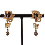 Dior Rhinestone Logo Butterfly Pearl Swing Earrings Gold Plated