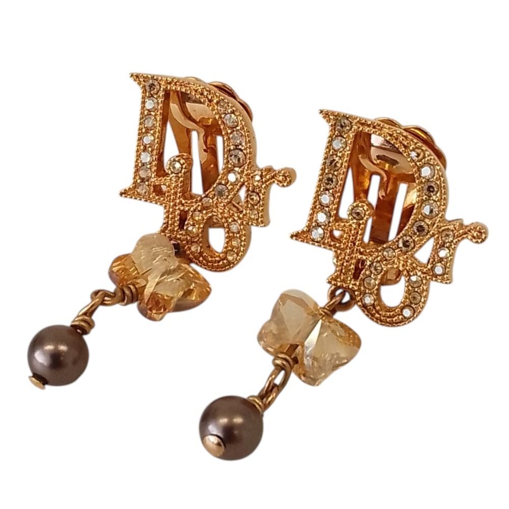 Dior Rhinestone Logo Butterfly Pearl Swing Earrings Gold Plated — view 4