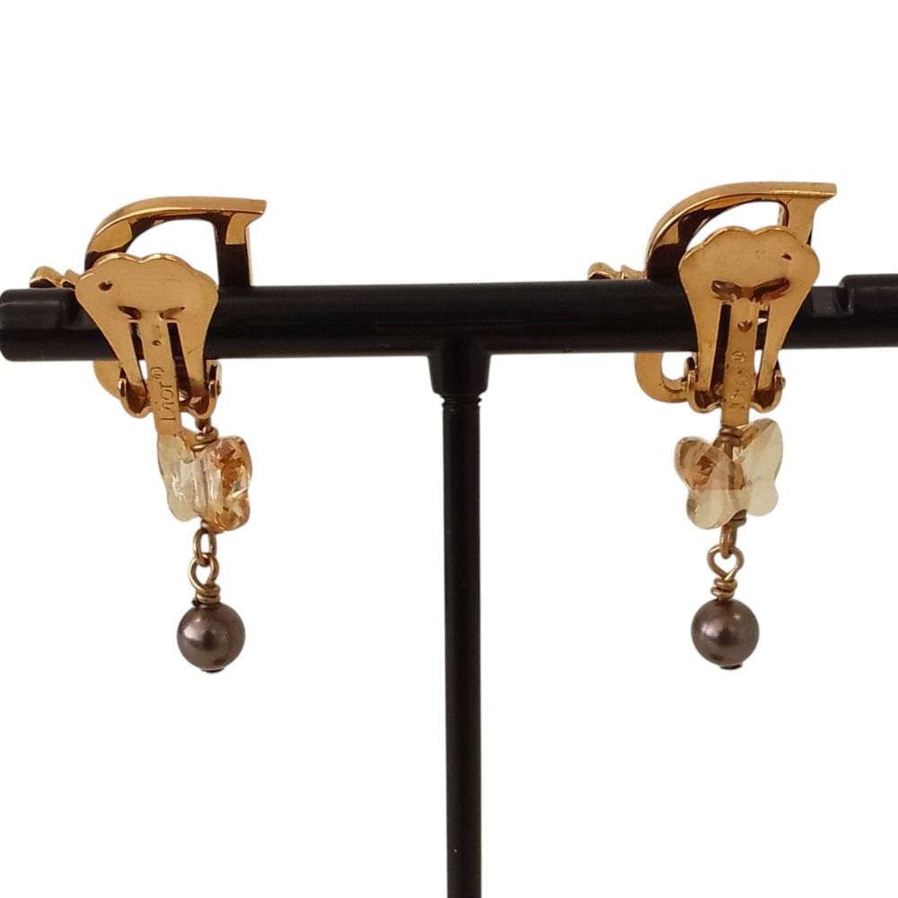 Dior Rhinestone Logo Butterfly Pearl Swing Earrings Gold Plated — view 3