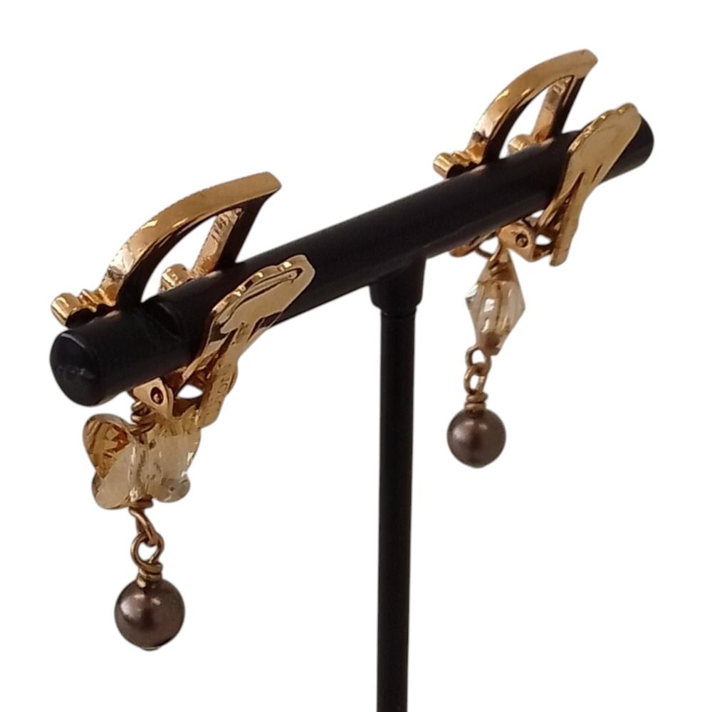 Dior Rhinestone Logo Butterfly Pearl Swing Earrings Gold Plated — view 2