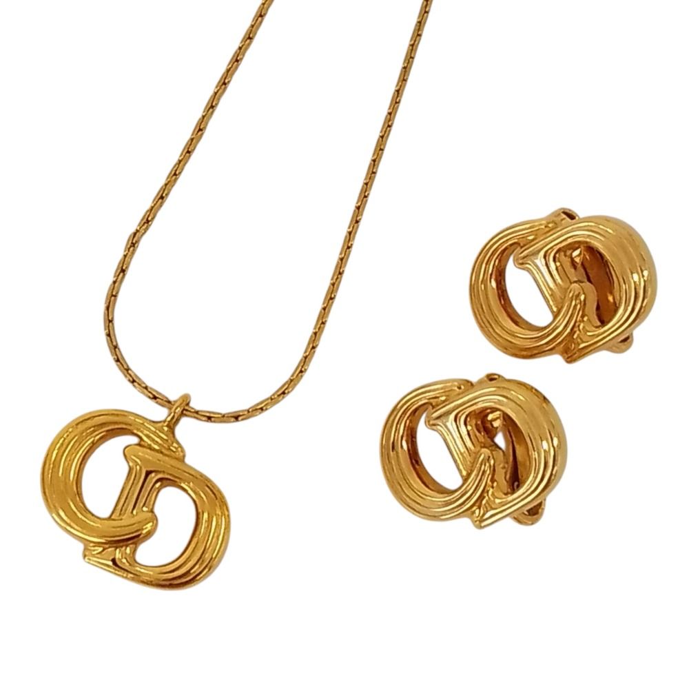 Dior Vintage CD Logo Necklace Earrings Set Gold Plated