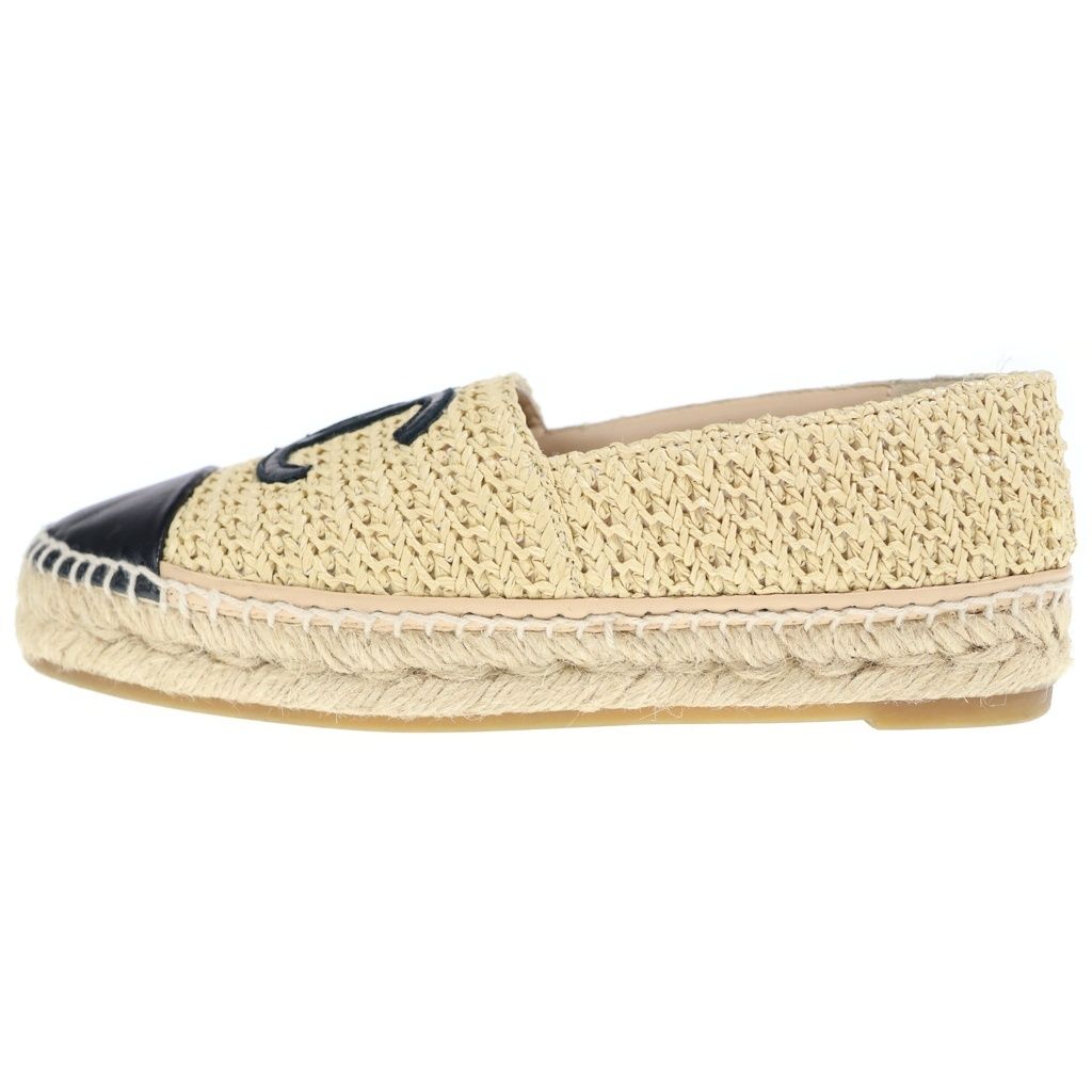Chanel CC Logo Espadrilles Flat Shoes Beige Black