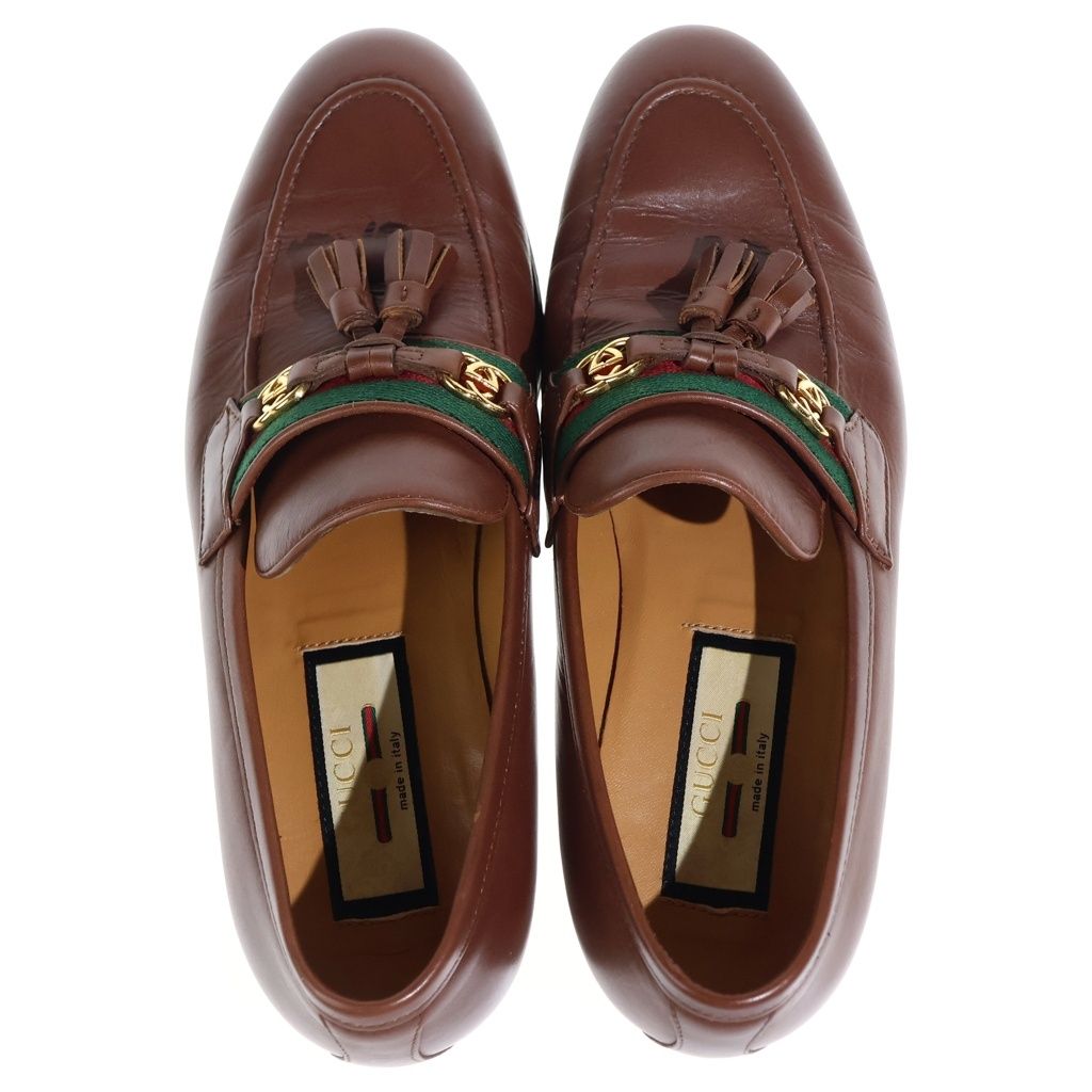 Gucci Interlocking Web Line Leather Tassel Loafers Shoes Brown — view 4