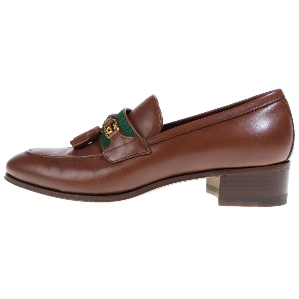 Gucci Interlocking Web Line Leather Tassel Loafers Shoes Brown