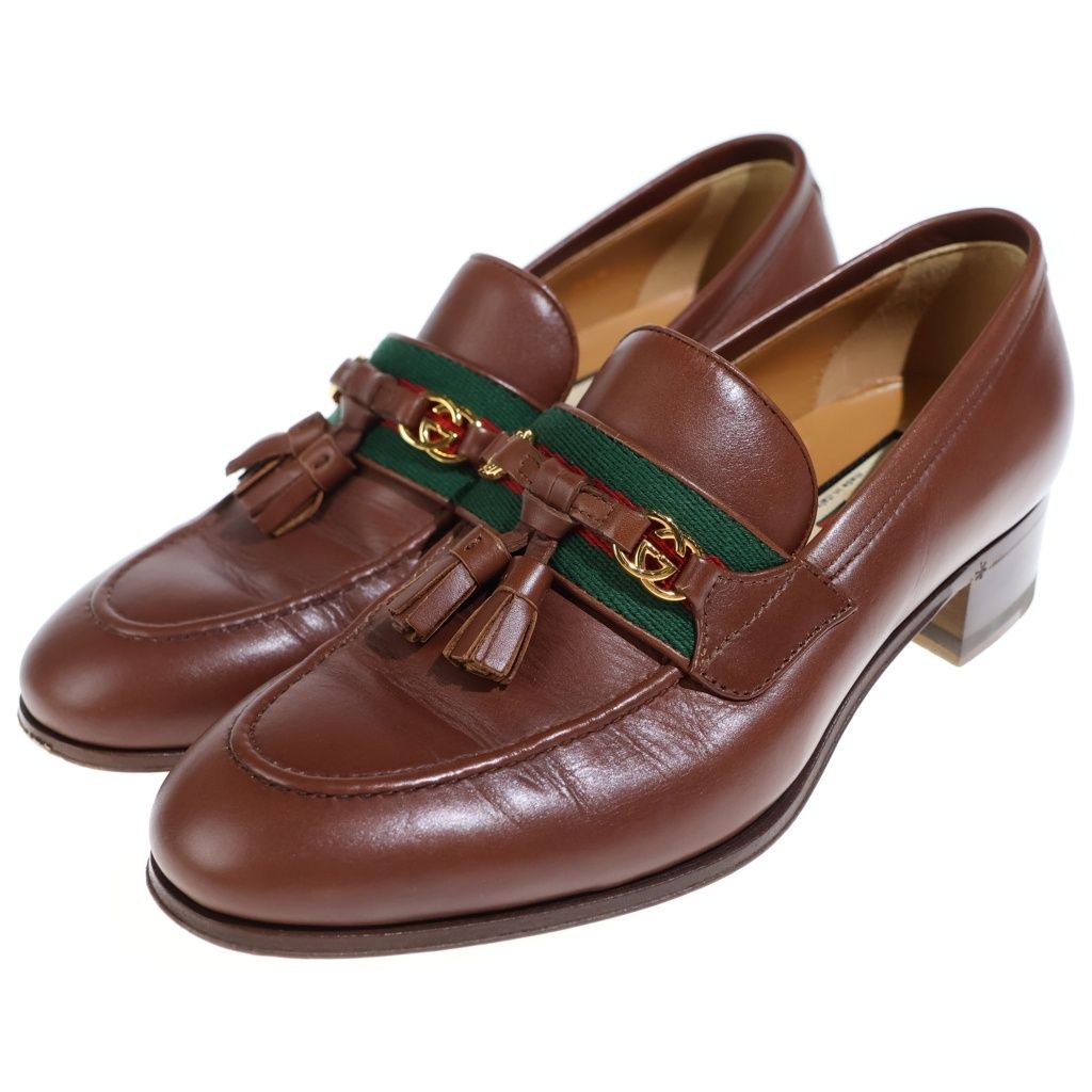Gucci Interlocking Web Line Leather Tassel Loafers Shoes Brown — view 2
