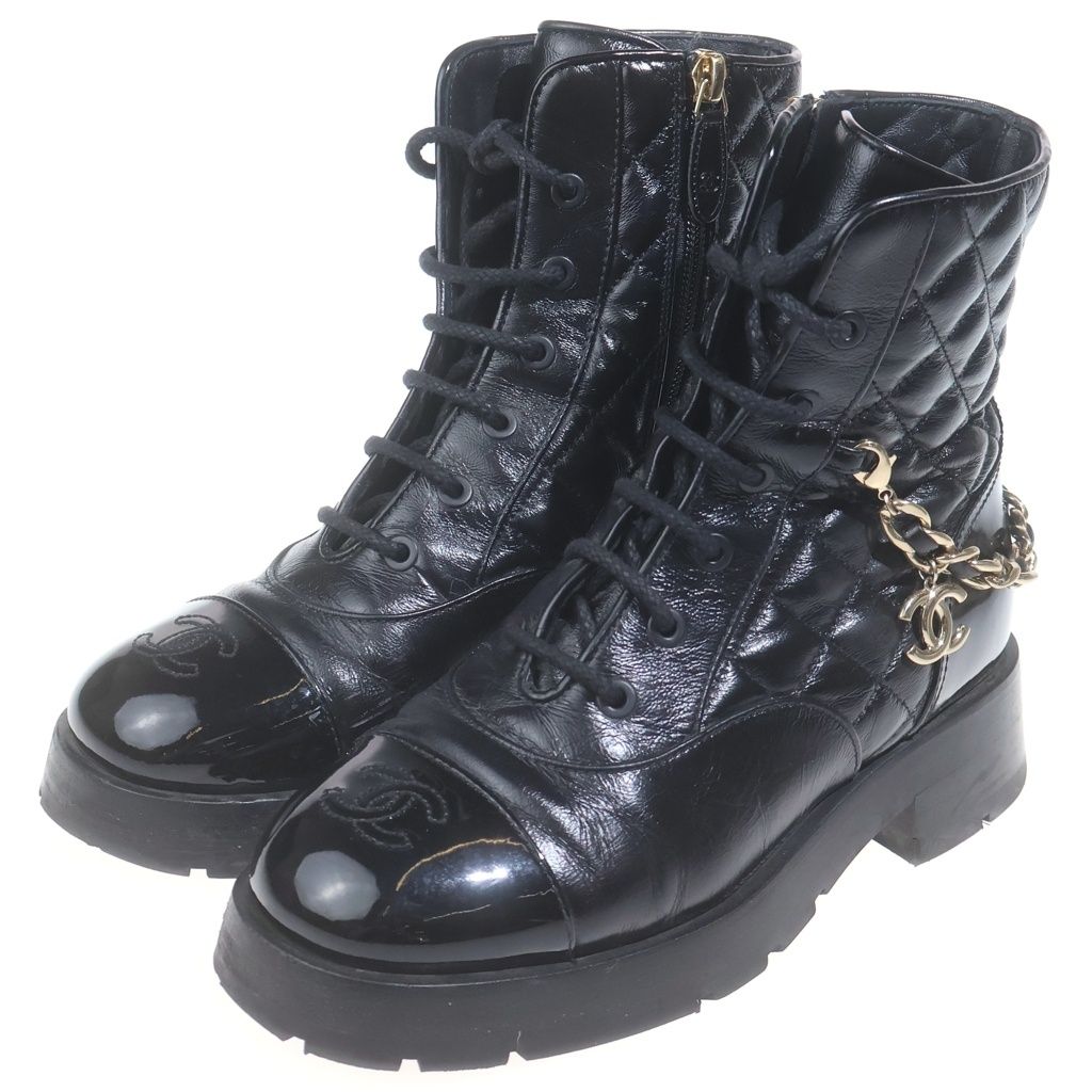 Chanel Quilted CC Logo Leather Lace Up Chain Boots Short 36 Black — view 2