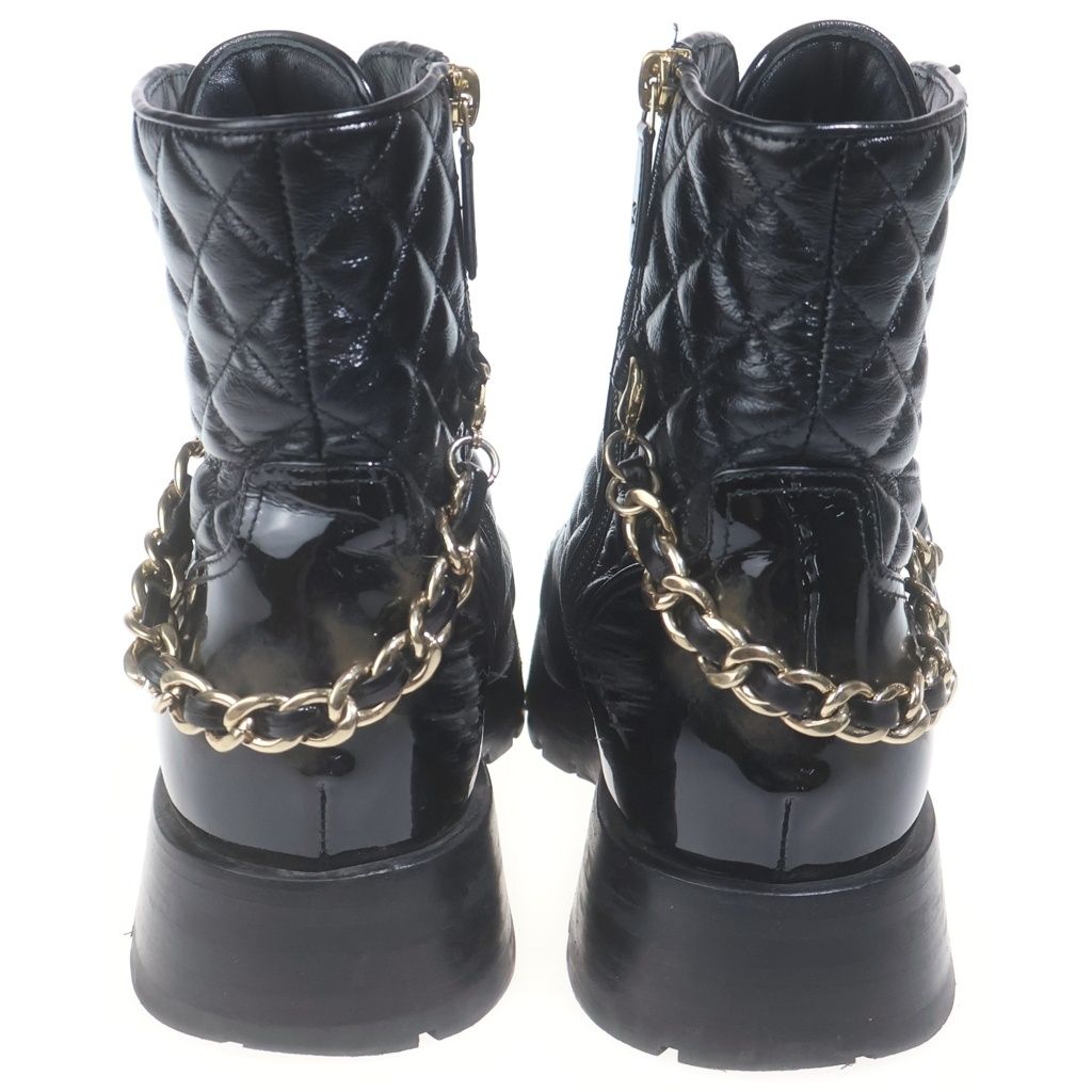 Chanel Quilted CC Logo Leather Lace Up Chain Boots Short 36 Black — view 3