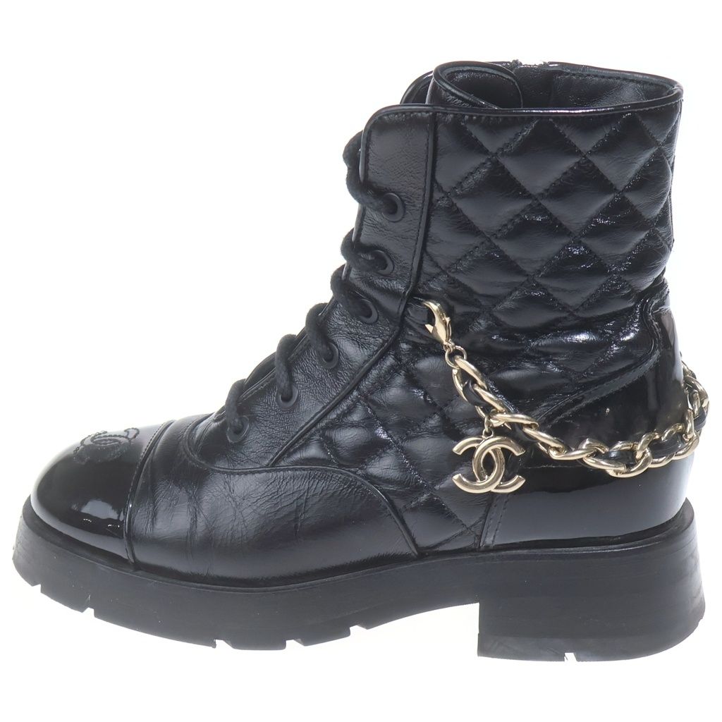 Chanel Quilted CC Logo Leather Lace Up Chain Boots Short 36 Black