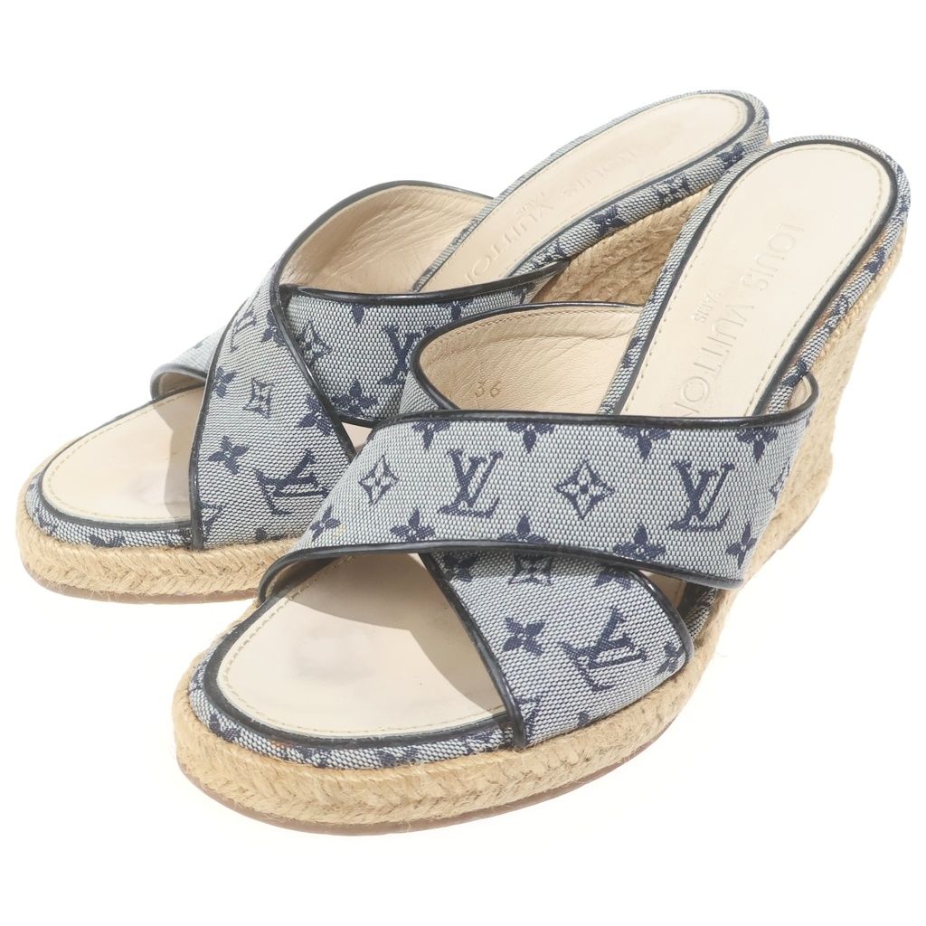 Louis Vuitton Monogram Espadrilles Wedge Sole Sandals Gray Beige — view 2