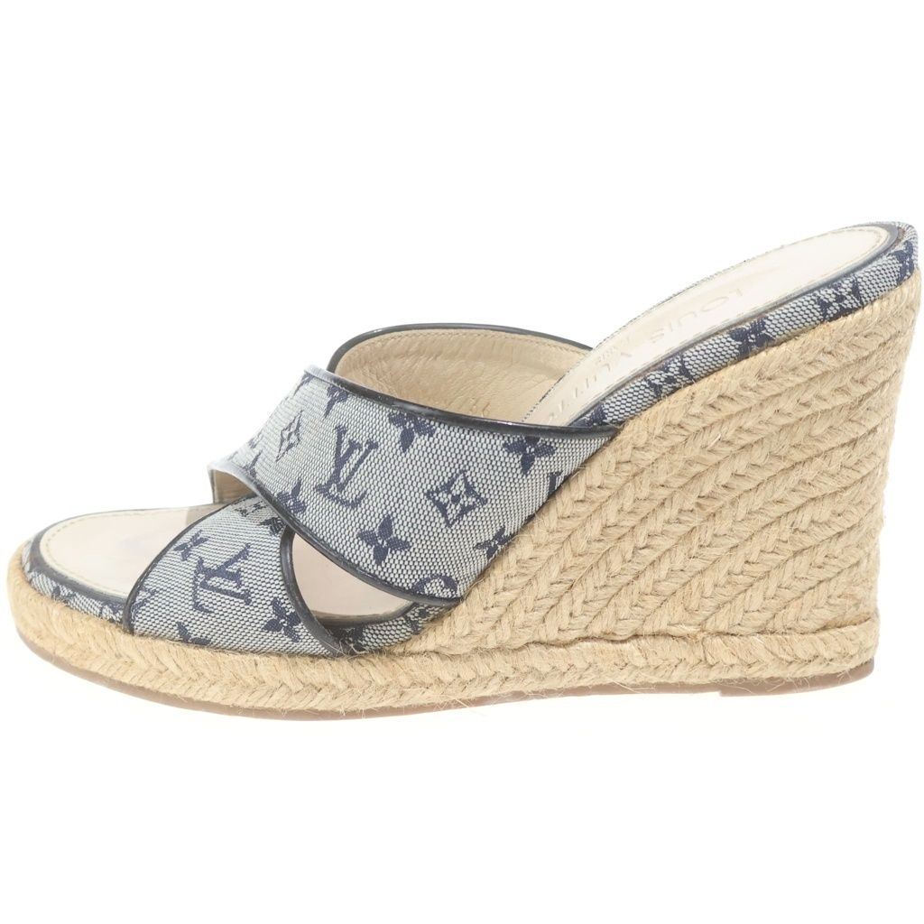 Louis Vuitton Monogram Espadrilles Wedge Sole Sandals Gray Beige