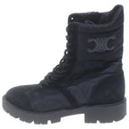 Celine Triomphe Lace Up Suede Nylon Side Zip Ankle Boots Black