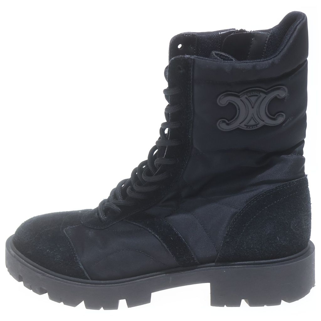 Celine Triomphe Lace Up Suede Nylon Side Zip Ankle Boots Black