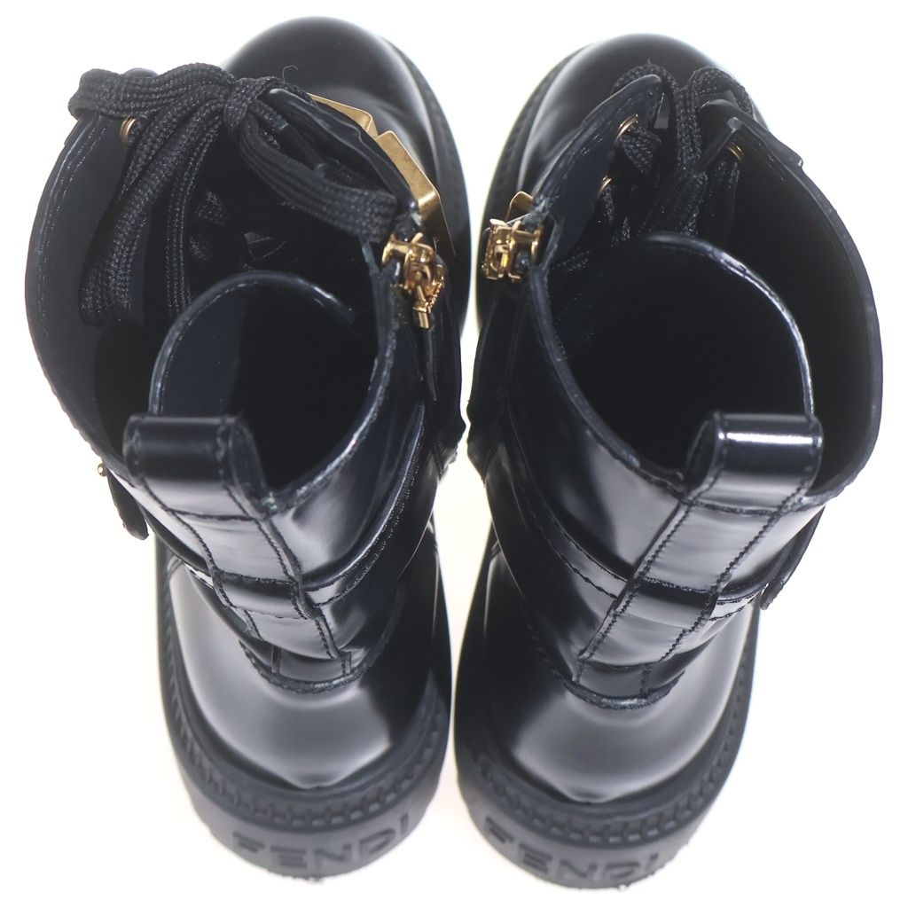Fendi Logo Plate Side Zip Lace Up Leather Biker Boots Black — view 4