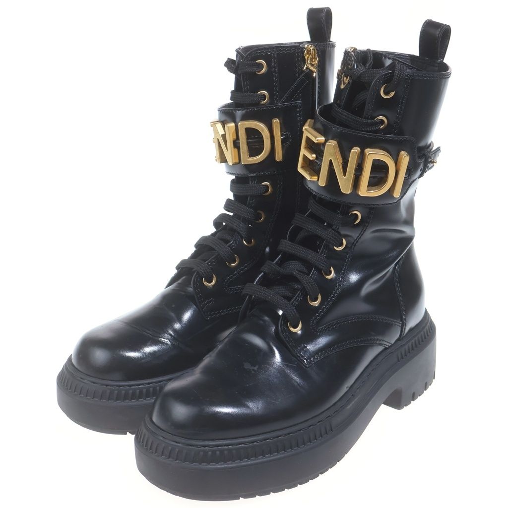Fendi Logo Plate Side Zip Lace Up Leather Biker Boots Black — view 2