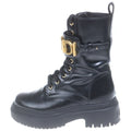 Fendi Logo Plate Side Zip Lace Up Leather Biker Boots Black