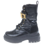 Fendi Logo Plate Side Zip Lace Up Leather Biker Boots Black