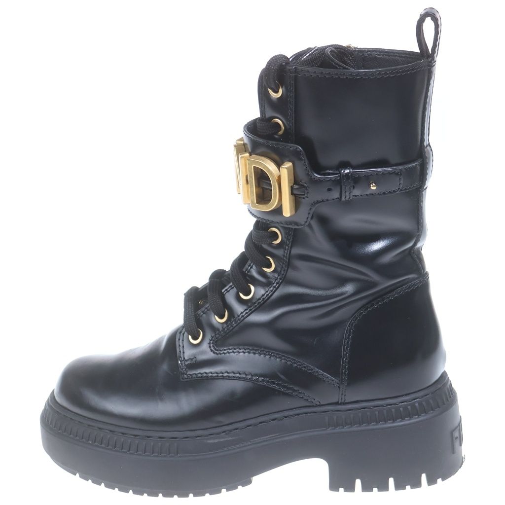 Fendi Logo Plate Side Zip Lace Up Leather Biker Boots Black