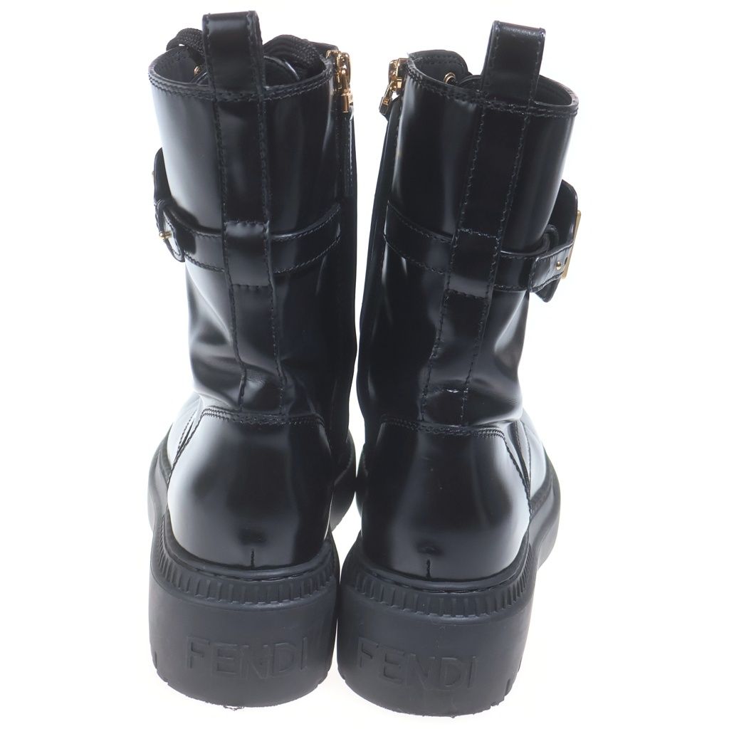 Fendi Logo Plate Side Zip Lace Up Leather Biker Boots Black — view 3
